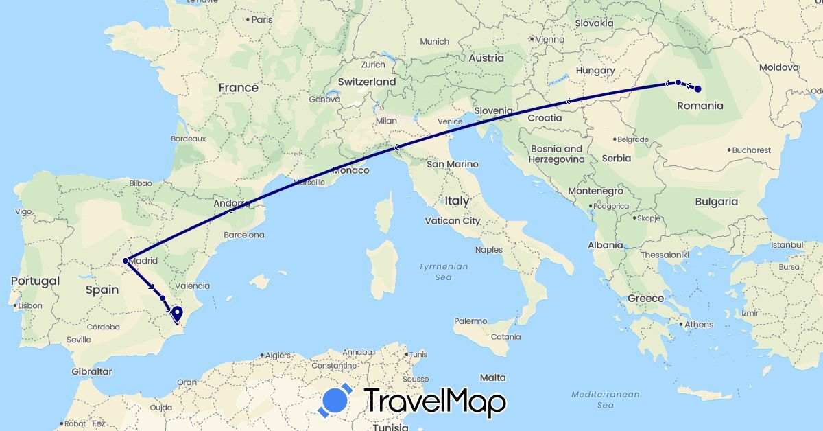 TravelMap itinerary: driving in Spain, Romania (Europe)